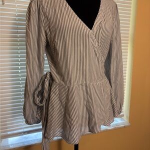 LOFT White Wrap Blouse with Navy Vertical Stripes